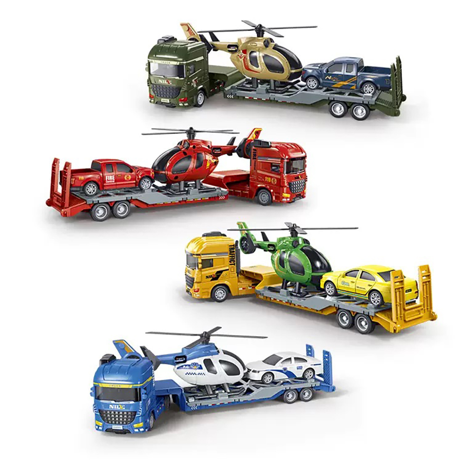 Model Kit Helicopter - รถบรรทุกของเล่นแบบมินิอินเนอร์เชีย 1 ชิ้น, รถบรรทุกพลาสติกแบบกึ่งพ่วงพร้อมเฮลิคอปเตอร์ ของขวัญสำหรับเด็กชายและเด็กหญิง